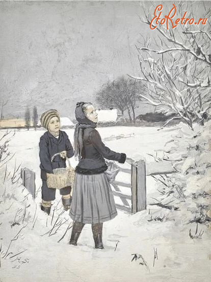Картины - Герман Сигер. Дети в зимнем пейзаже