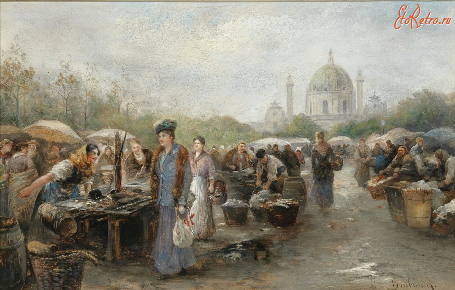 Картины - Эмиль Барбарини. Рынок перед церковью Св. Карла в Вене