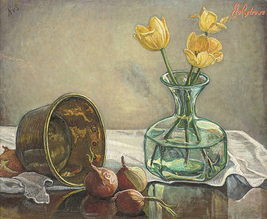 Картины - Хильда ван Стокум. Натюрморт с тюльпанами и луковицами