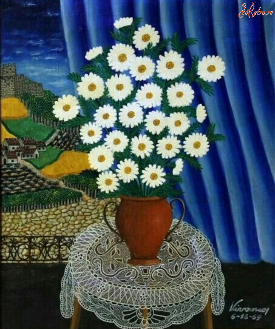 Картины - Мигель Гарсия Виванкос. Белые цветы и голубая занавеска