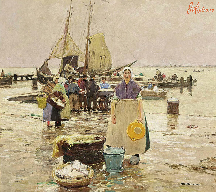 Картины - Ганс Херрманн. Продажа рыбы на лодочной пристани в Зейдерзее
