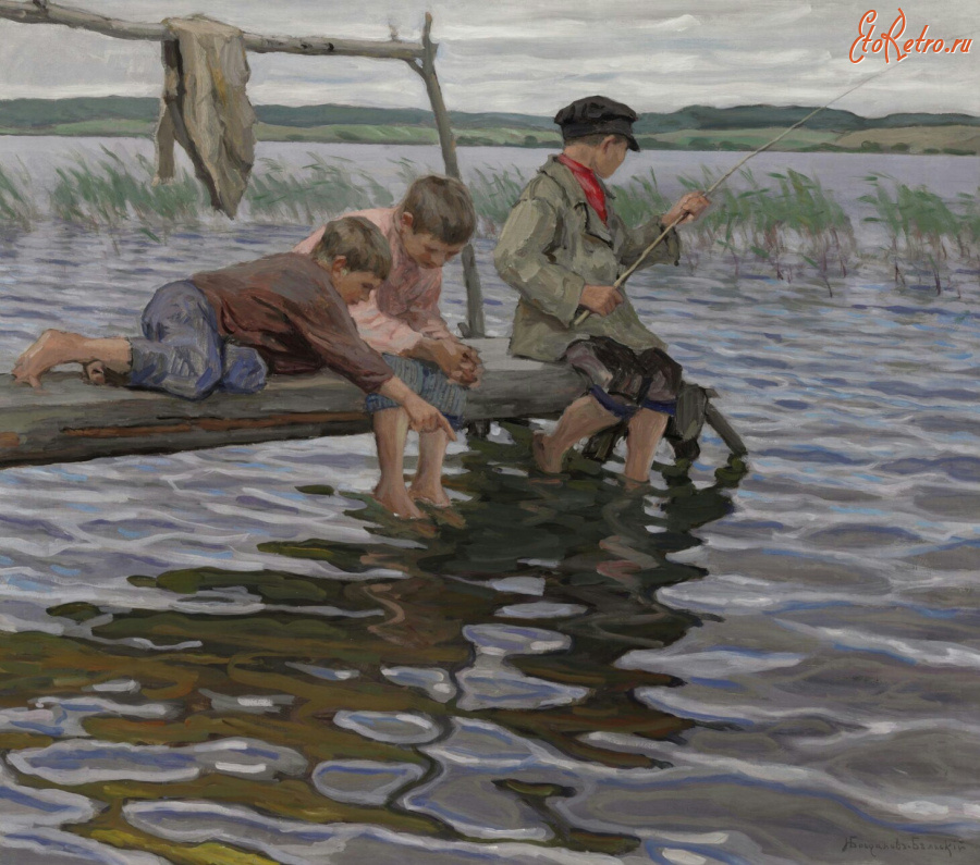 Картины - Николай Богданов-Бельский. На рыбалке. Лодочная пристань
