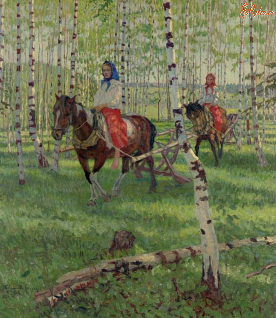 Картины - Николай Богданов-Бельский. Верховая езда в весеннем лесу