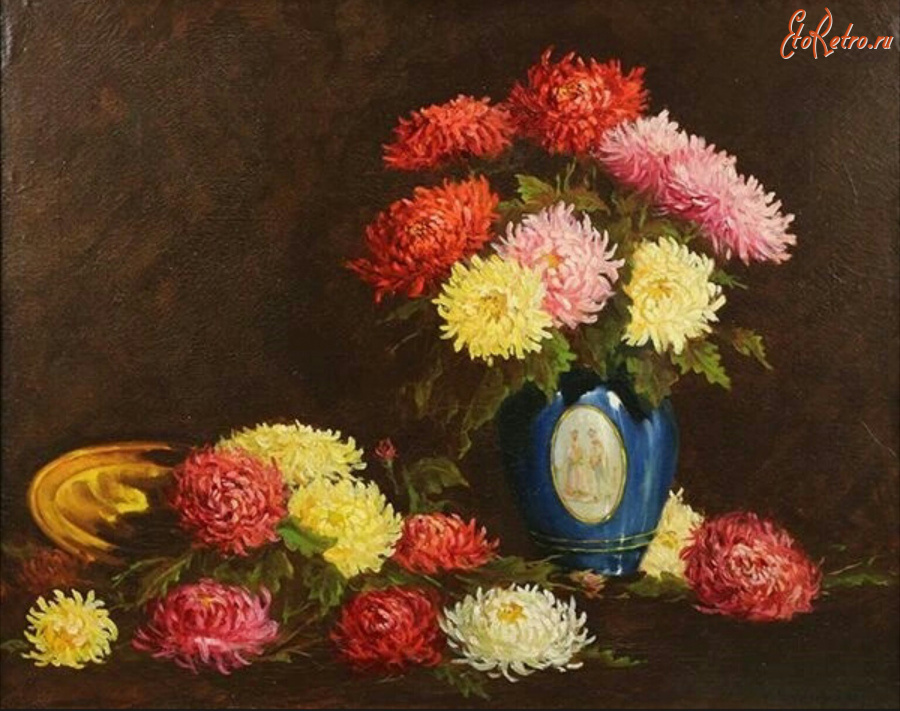 Картины - Николай Богданов-Бельский. Хризантемы в голубой вазе