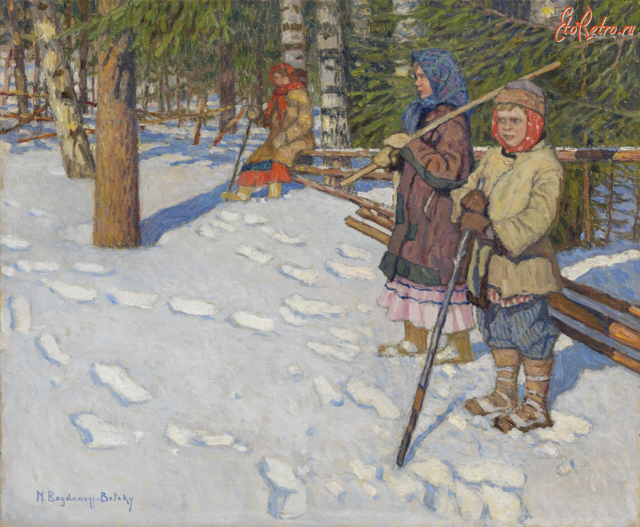 Картины - Николай Богданов-Бельский. Крестьянские дети в зимнем лесу