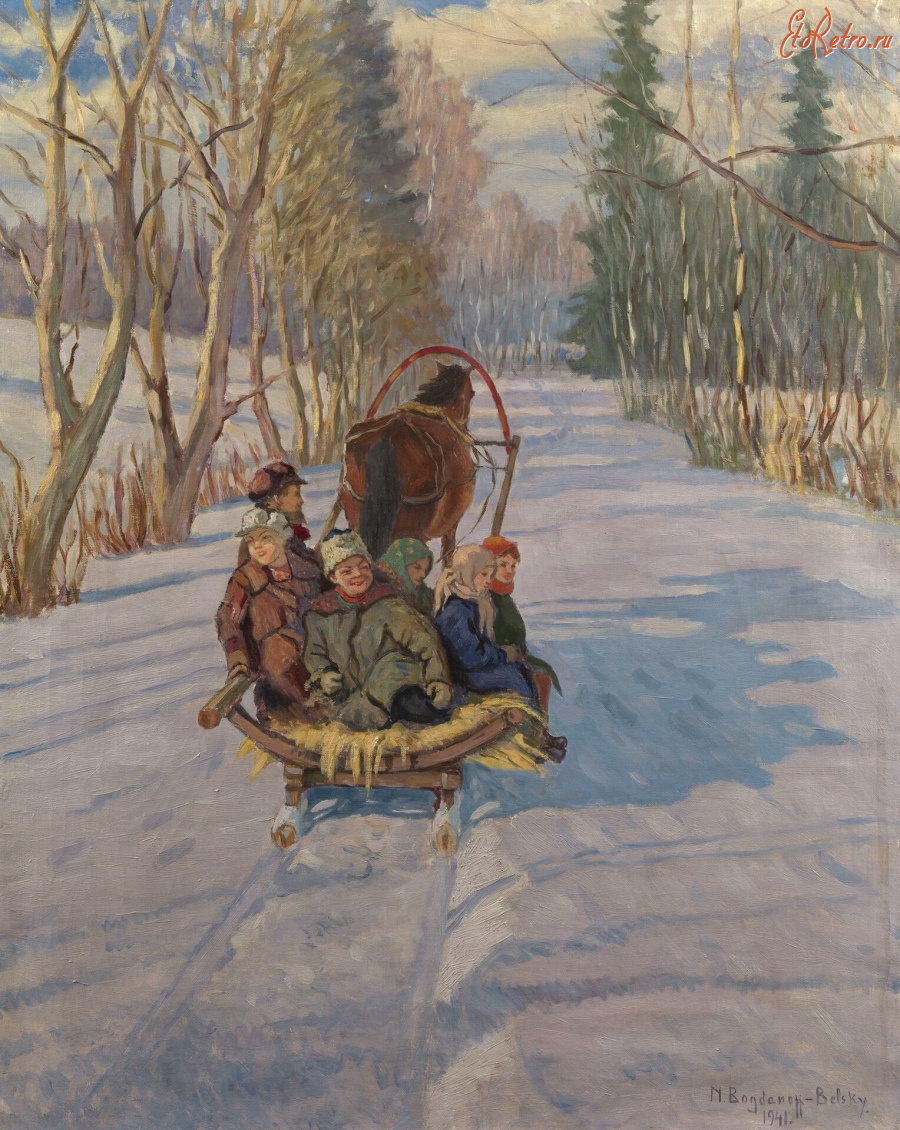 Картины - Николай Богданов-Бельский. Дети в санях на зимней дороге