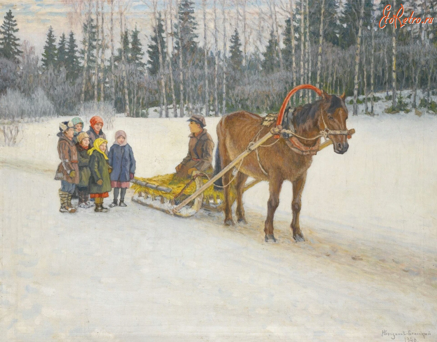 Картины - Николай Богданов-Бельский. На зимней дороге. Крестьянские дети