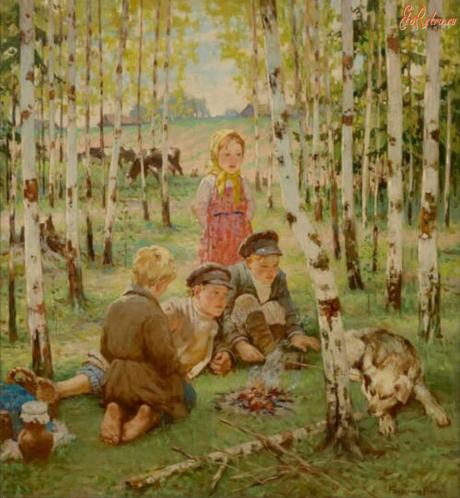 Картины - Николай Богданов-Бельский. Берёзовый лес. Крестьянские дети у костра