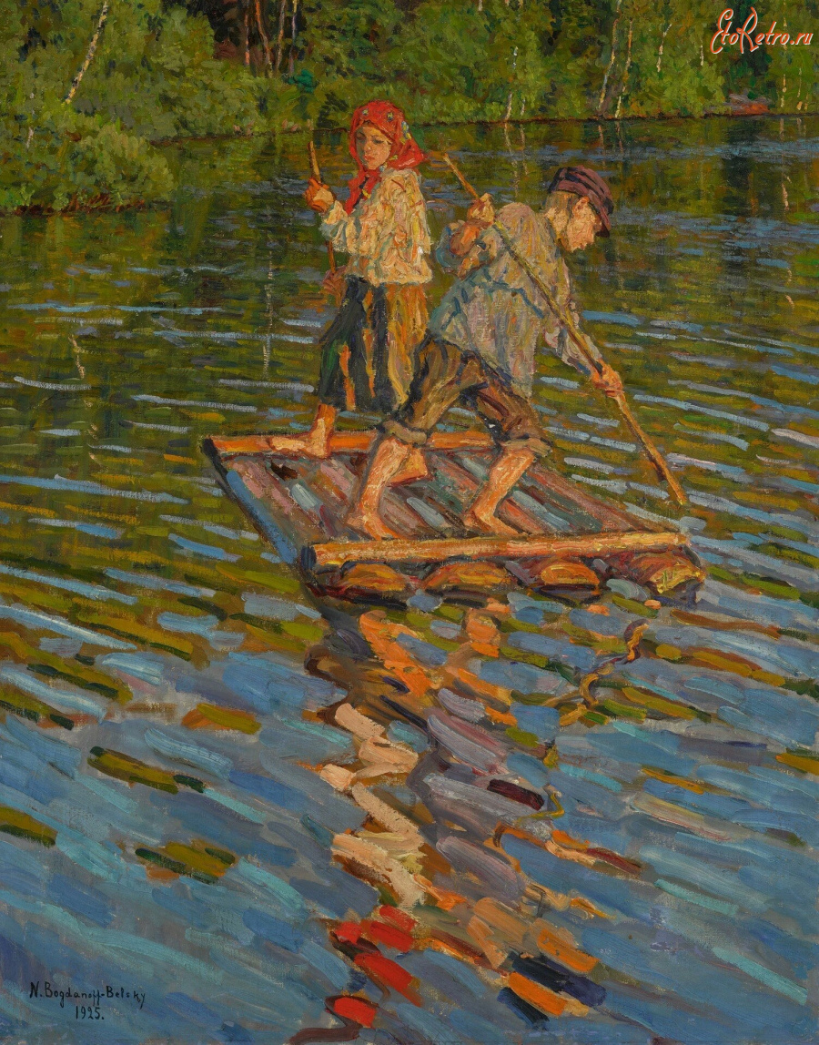 Картины - Николай Богданов-Бельский. Крестьянские дети. Переправа через реку на плоту