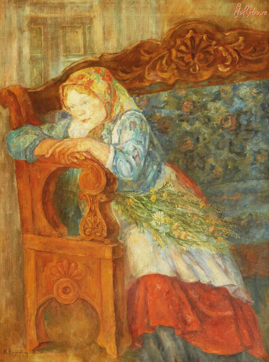 Картины - Николай Богданов-Бельский. Девушка с букетом цветов