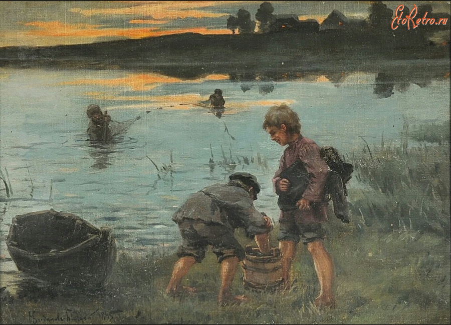 Картины - Николай Богданов-Бельский. Рыбалка на озере