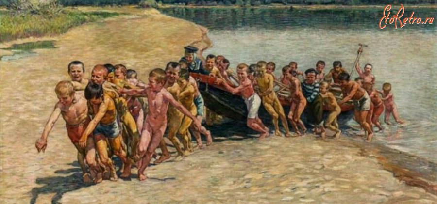 Картины - Николай Богданов-Бельский. Дети с лодкой на берегу реки