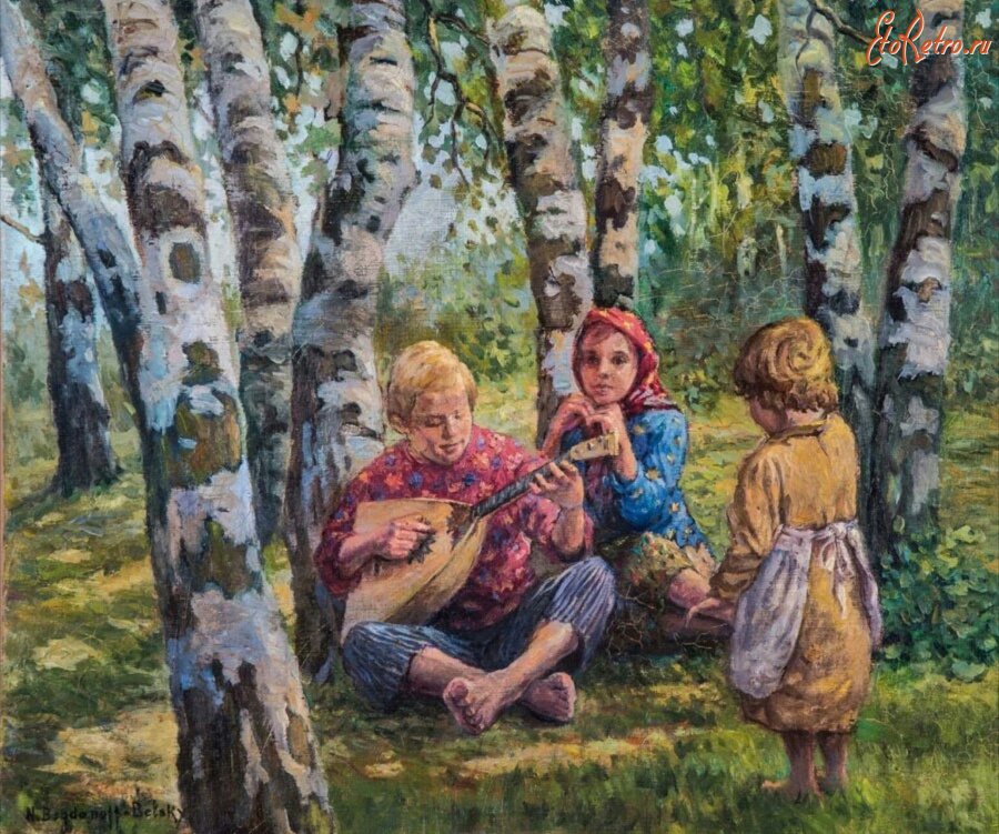 Картины - Николай Богданов-Бельский. Летний день. Дети с балалайкой под берёзами