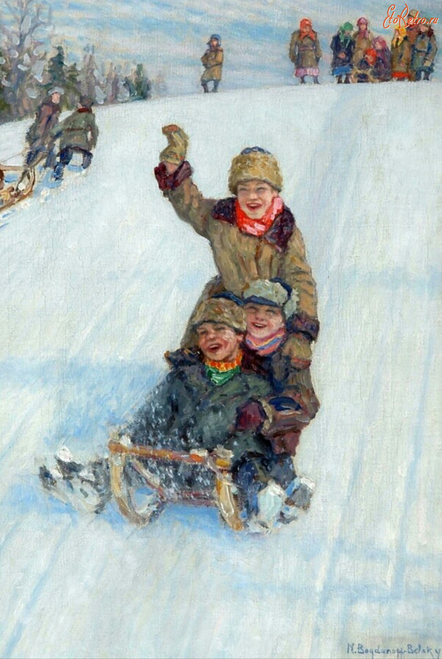 Картины - Николай Богданов-Бельский. Зима. Катание с горы