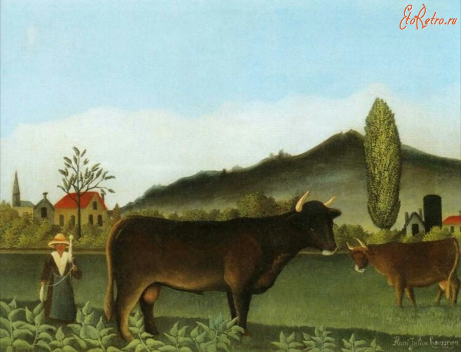Картины - Анри Руссо. Пейзаж Пастбище с коровами. Женщина с прялкой