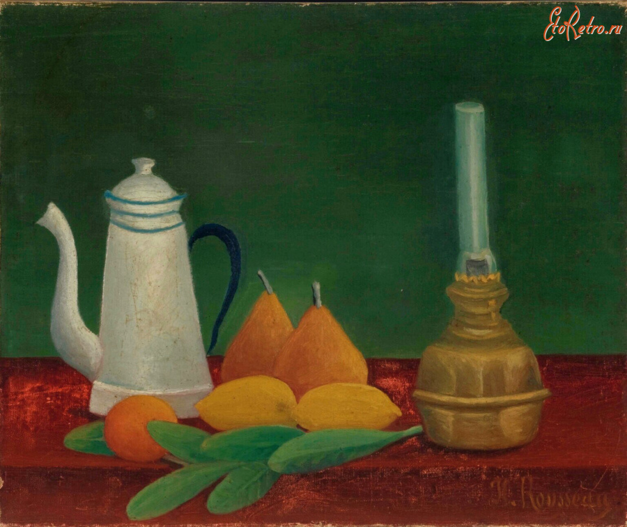 Картины - Анри Руссо. Натюрморт с грушами, лимонами и лампой на столе и веткой