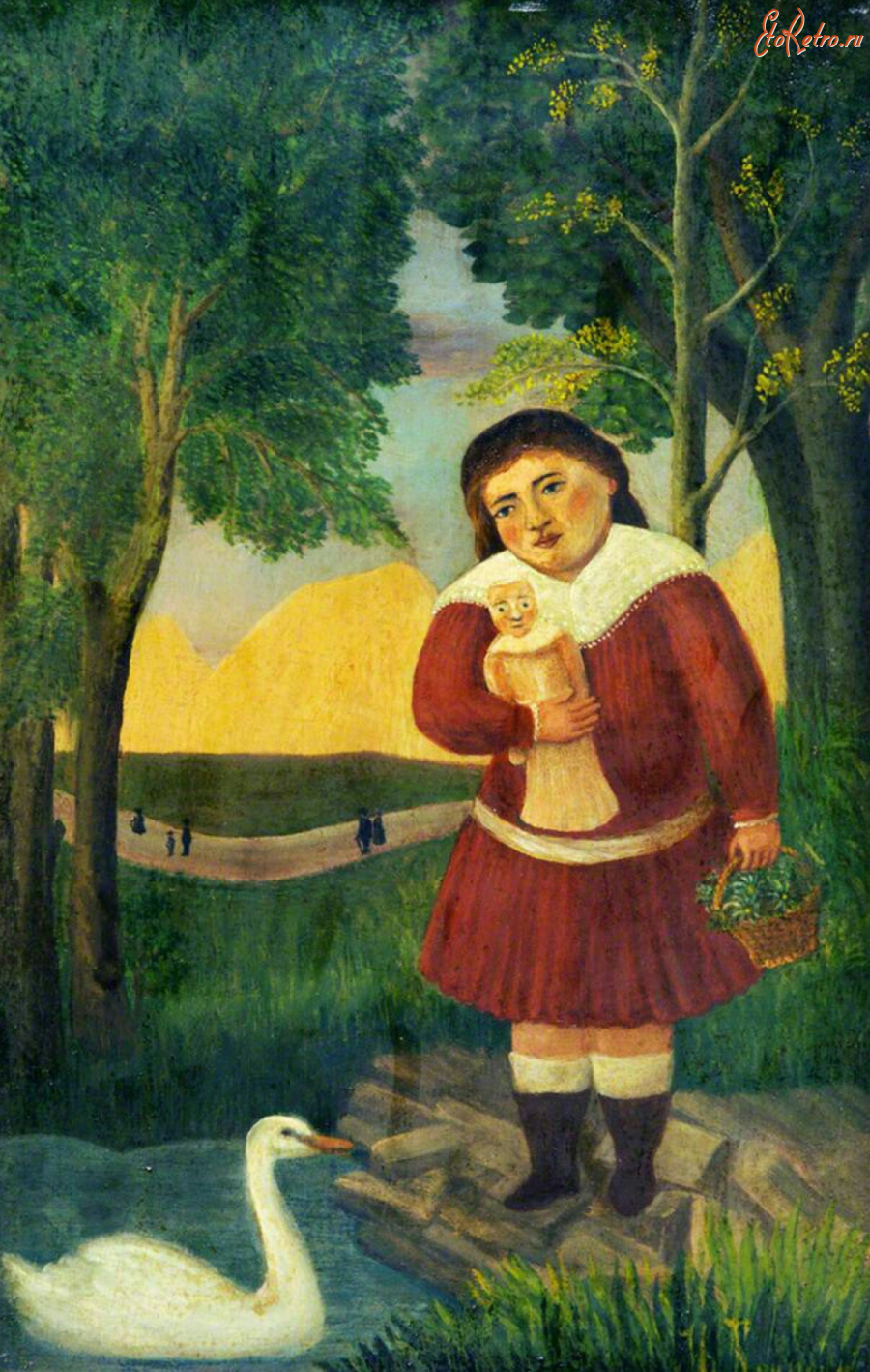 Картины - Анри Руссо. Портрет девочки с куклой, корзинкой и лебедем в пруду. Лебединое озеро