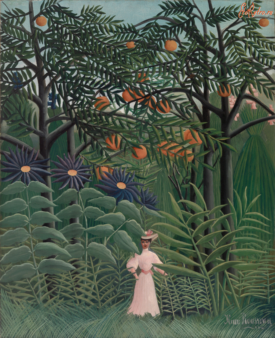Картины - Анри Руссо. Джунгли. Женщина в розовом в экзотическом лесу