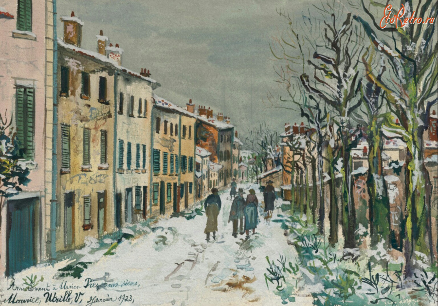 Картины - Морис Утрилло. Деревенская улица под снегом. С Марианом Пре в Сиене. Зимний пейзаж