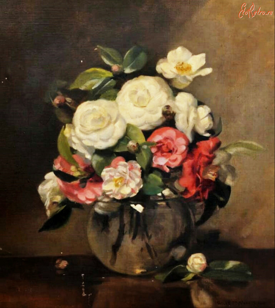 Картины - Вайолет Макиннес. Белые, розовые и красные камелии в стеклянной вазе