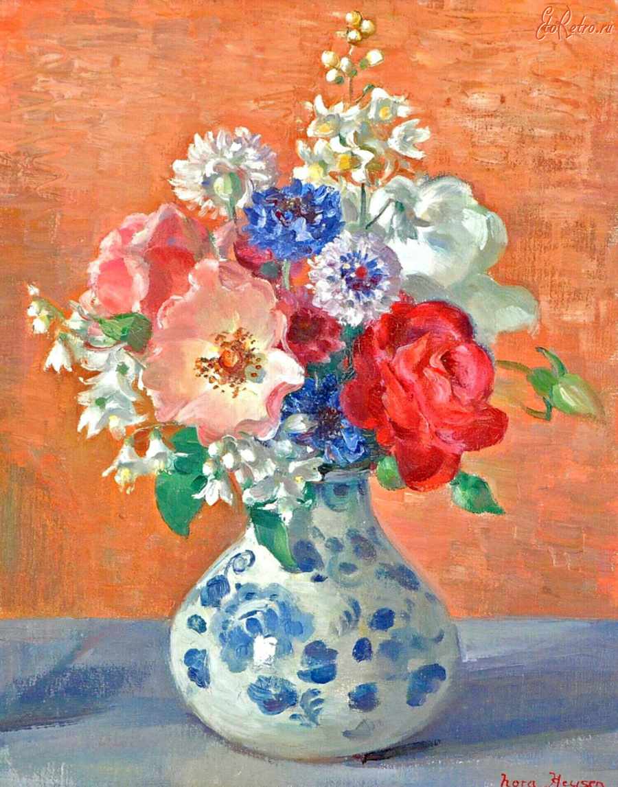 Картины - Нора Хейзен. Розы из сада художницы в дельфтской вазе