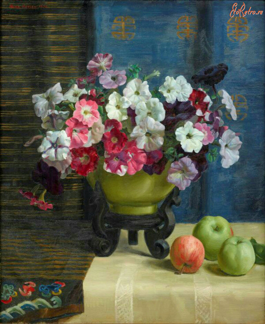 Картины - Нора Хейзен. Петунии в китайской вазе и яблоки на столе