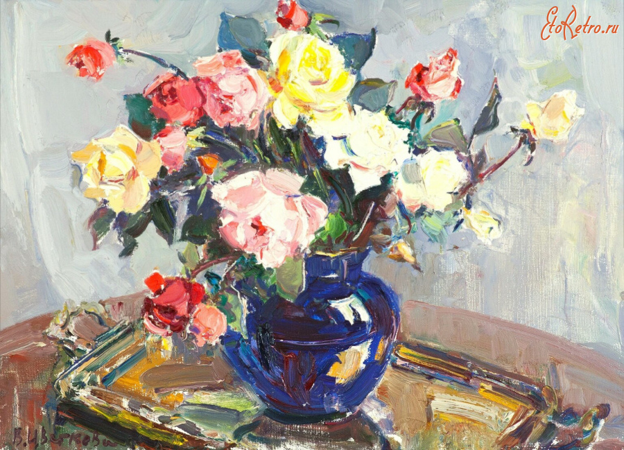 Картины - Валентина Цветкова. Букет роз в голубой вазе в интерьере