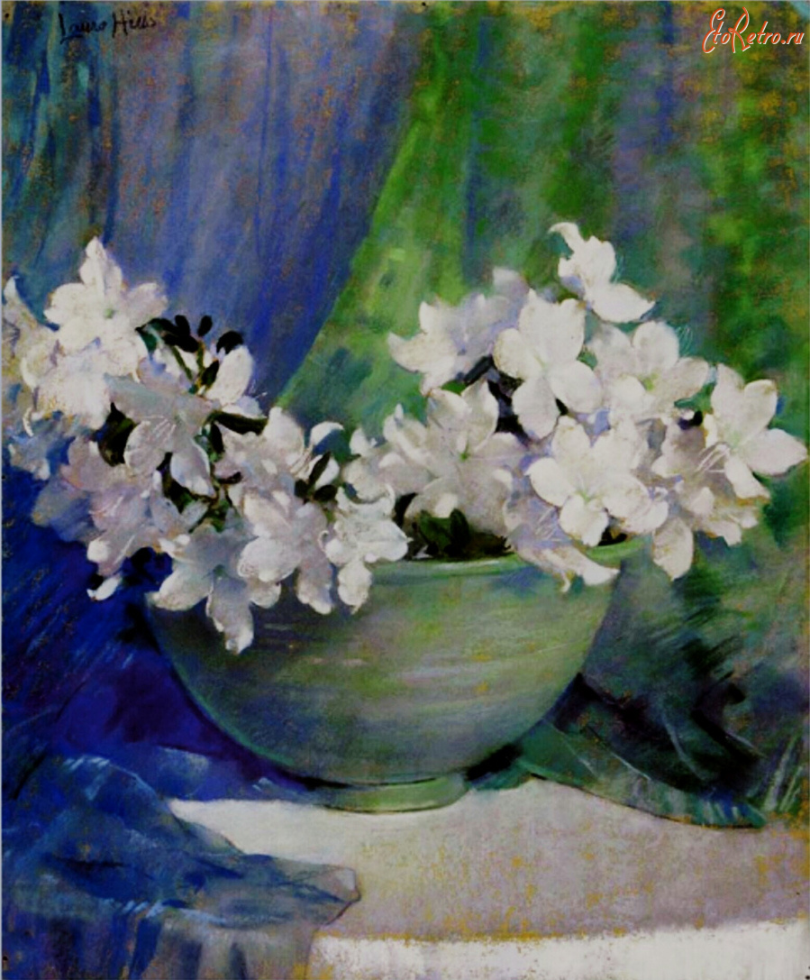 Картины - Лаура Комбс Хиллс. Белые азалии в зелёной вазе