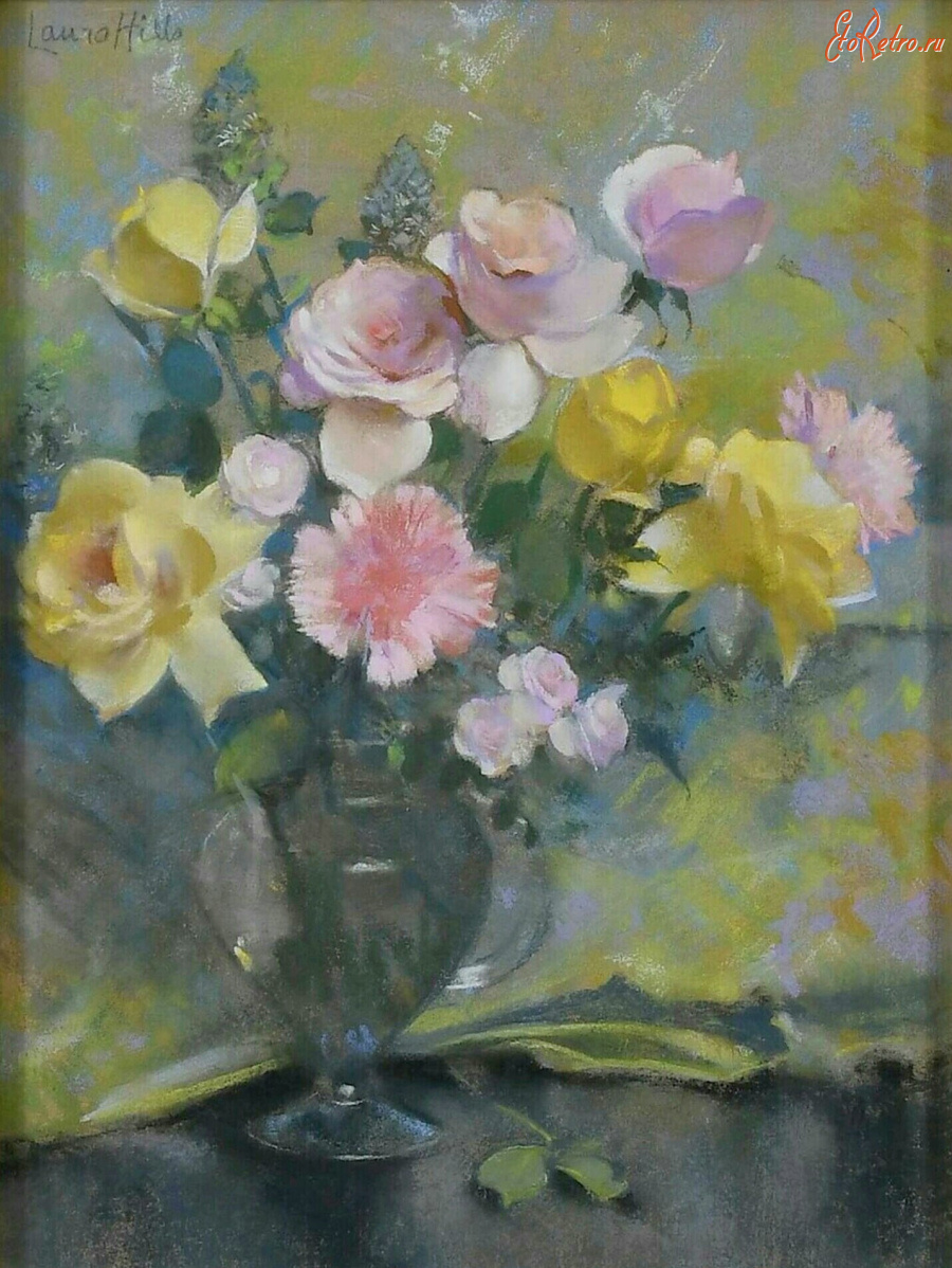 Картины - Лаура Комбс Хиллс. Розовые и жёлтые  розы, пионы и мелисса