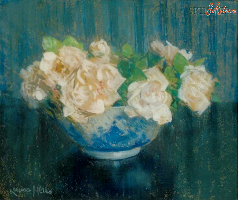 Картины - Лаура Комбс Хиллс. Белые розы в голубой вазе