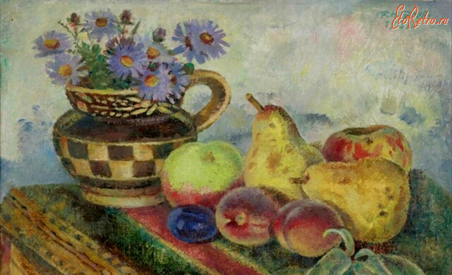 Картины - Франц Генрих Греф. Натюрморт с астрами в кувшине и фруктами на столе