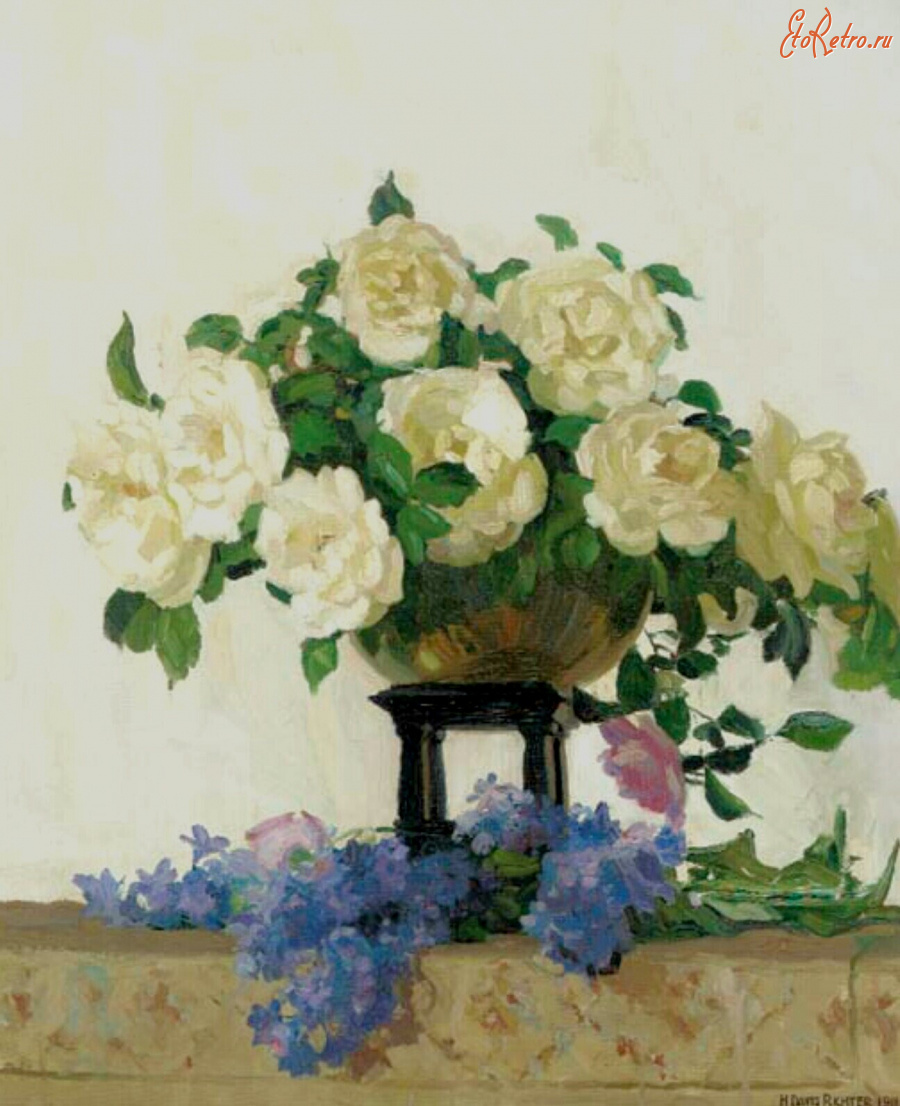 Картины - Герберт Дэвис Рихтер. Белые розы в китайской вазе и сирень на карнизе