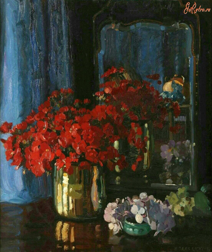 Картины - Герберт Дэвис Рихтер. Красные цветы в латунной вазе и зазеркалье