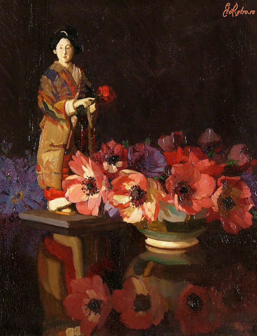Картины - Герберт Дэвис Рихтер. Девушка в кимоно и анемоны в вазе