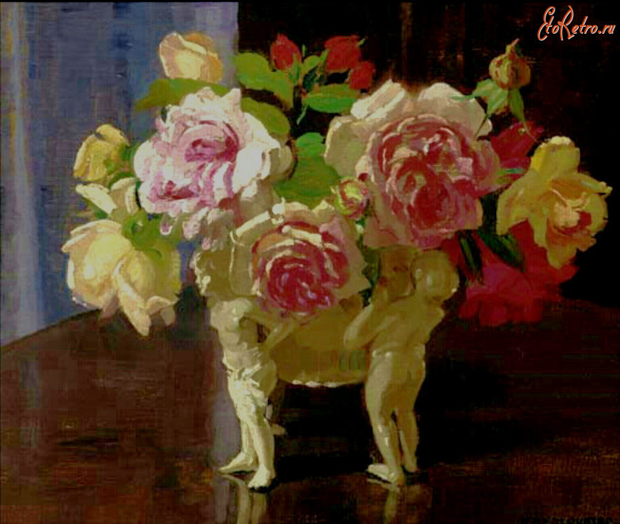Картины - Герберт Дэвис Рихтер. Розовые и жёлтые розы в фигурной вазе