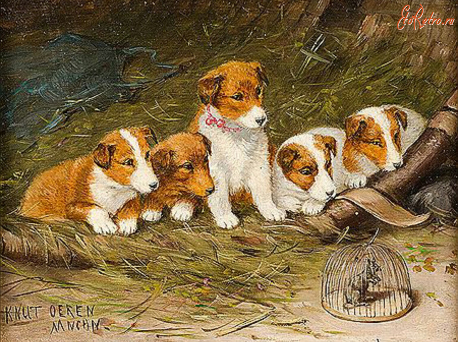 Картины - Кнут Оэрен. Пятеро щенков и мышь в мышеловке