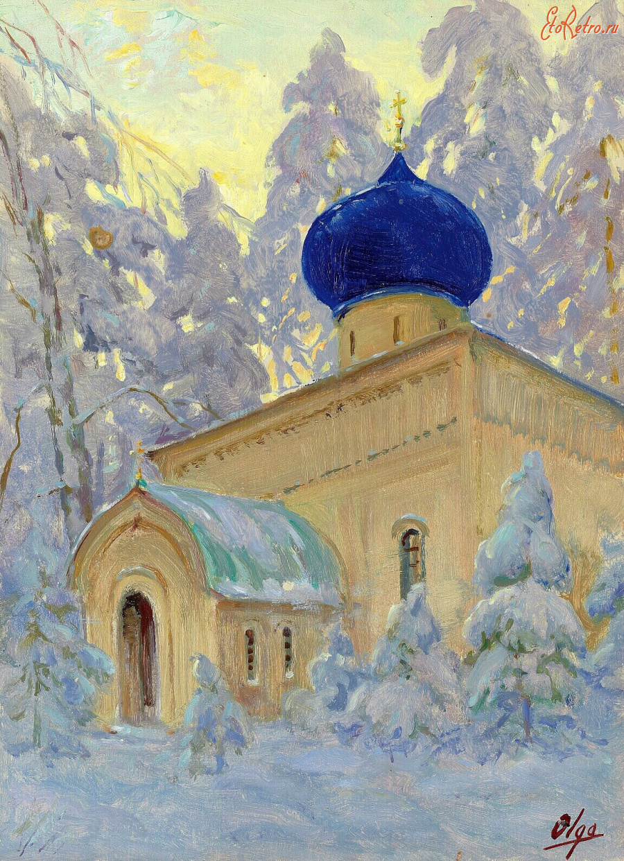 Картины - Ольга Александровна. Деревенская церковь в зимнем пейзаже
