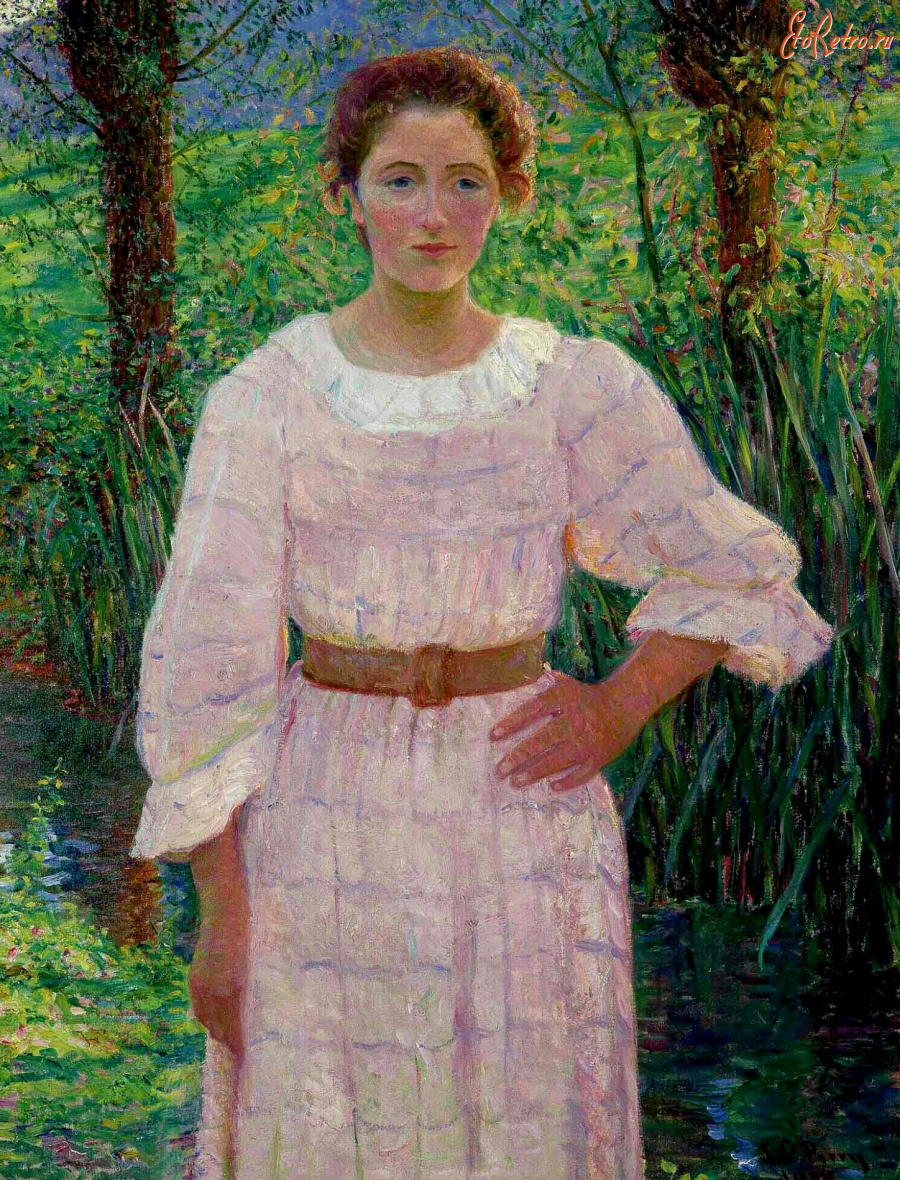 Картины - Лилла Кэбот Перри. У ручья в Живерни. Девушка в розовом платье