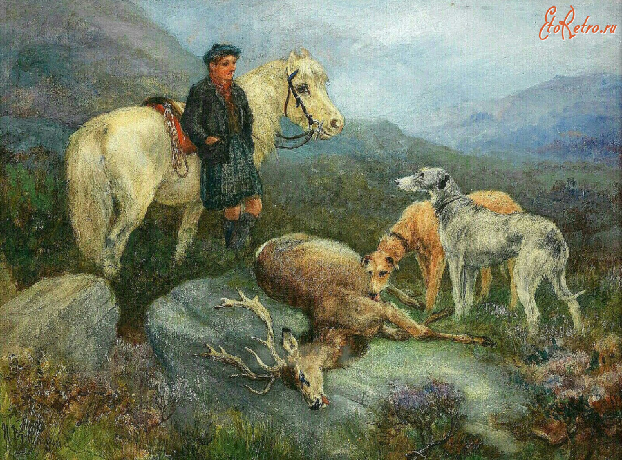 Картины - Нора Драммонд. Молодой Гилли с пони, оленем и дирхаундами