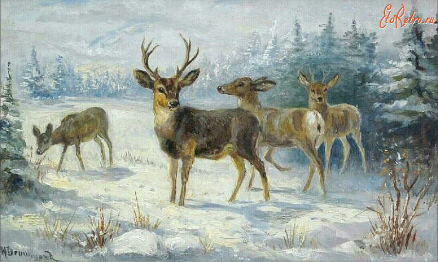 Картины - Нора Драммонд. Олени в зимнем лесу