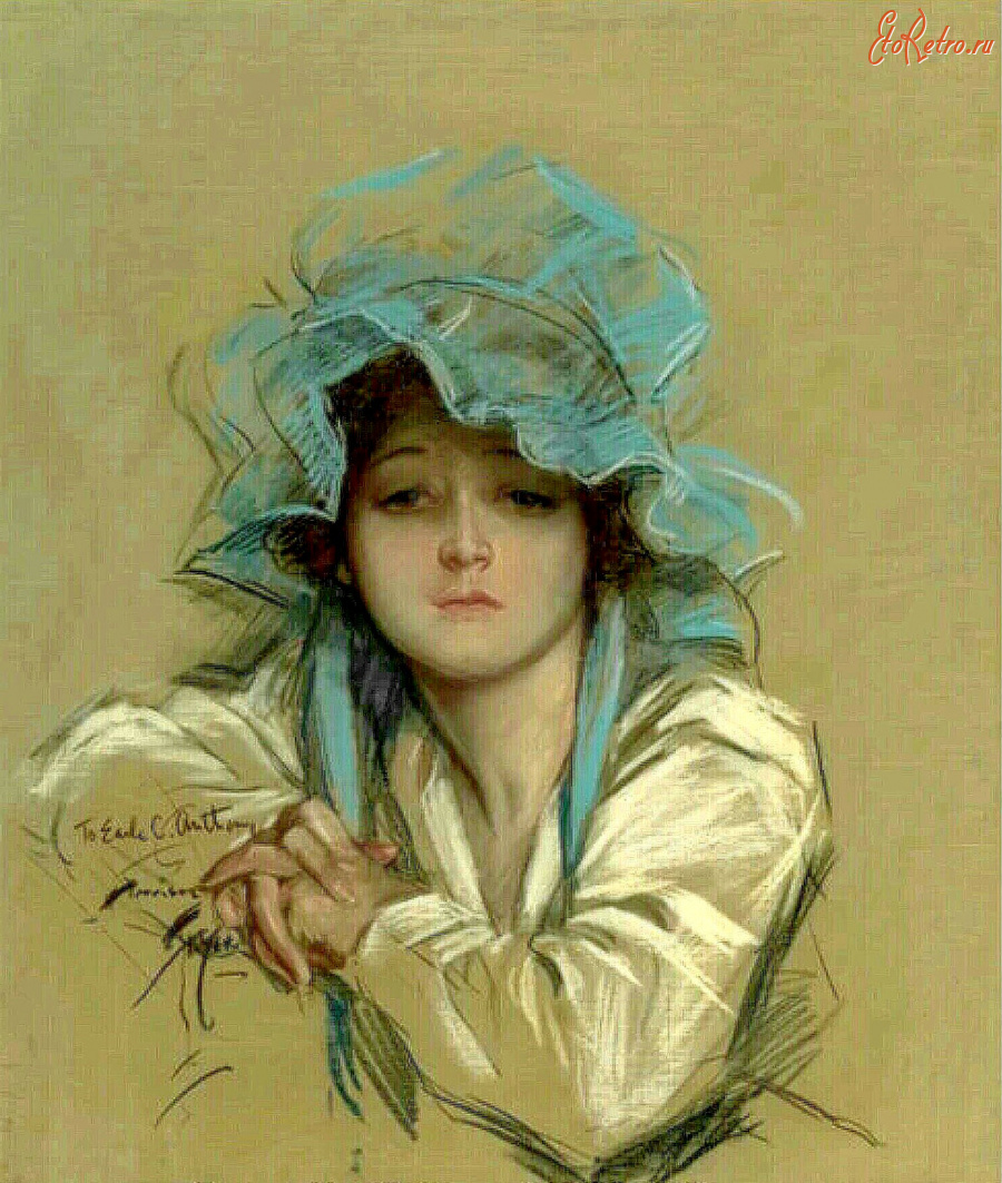 Картины - Харрисон Фишер. Девушка в голубой шляпке