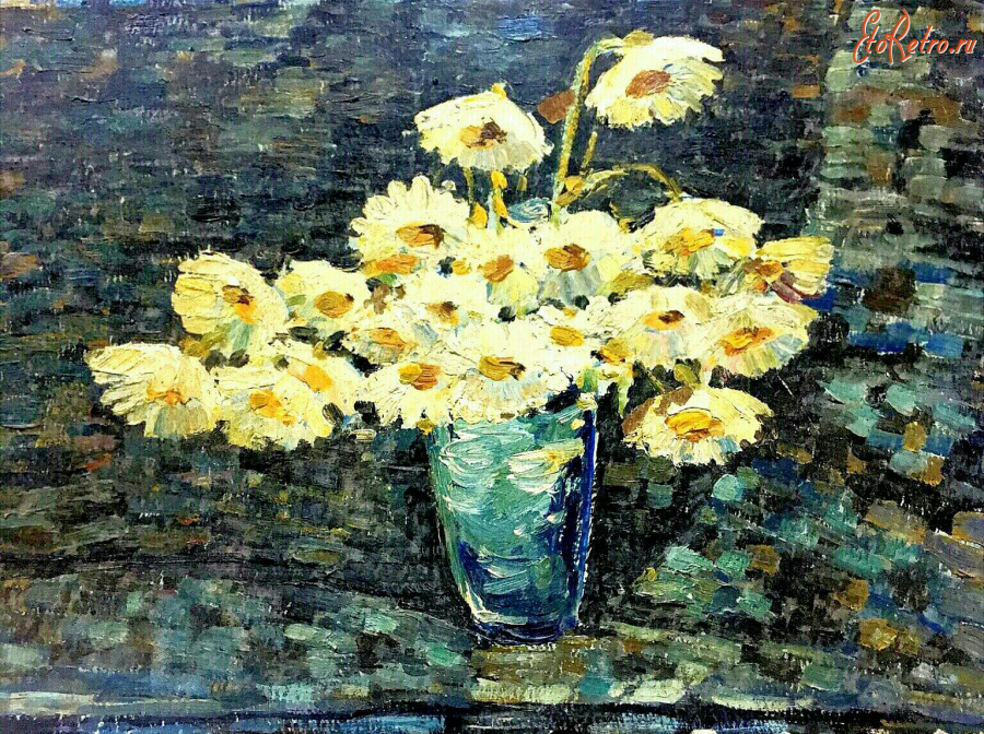 Картины - Сергей Бакаев. Ромашки в голубой вазе