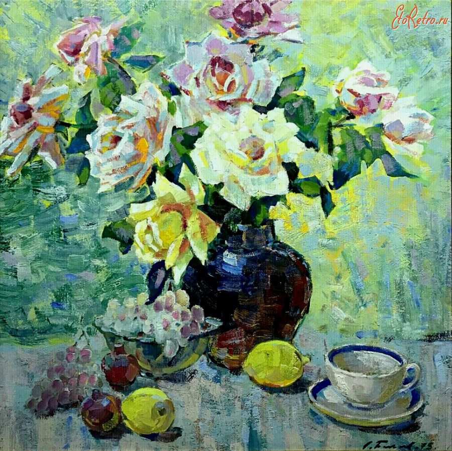 Картины - Сергей Бакаев. Розы в вазе и фрукты