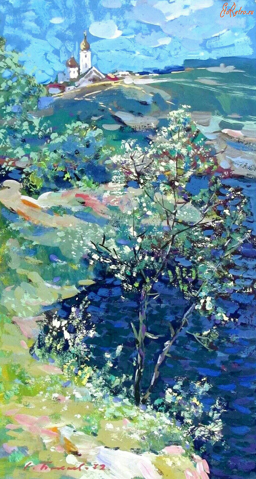 Картины - Сергей Бакаев. Цветущее дерево и храм на холме