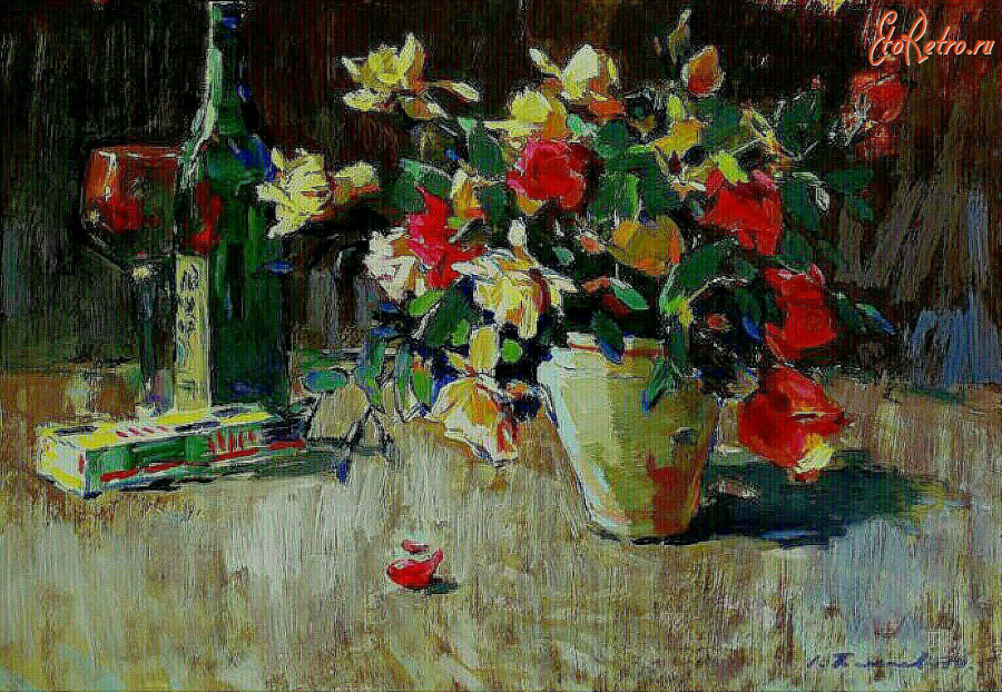 Картины - Сергей Бакаев. Розы в вазе и бокал вина