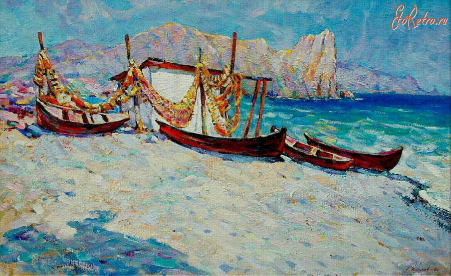 Картины - Сергей Бакаев. Домик рыбака и лодки на берегу