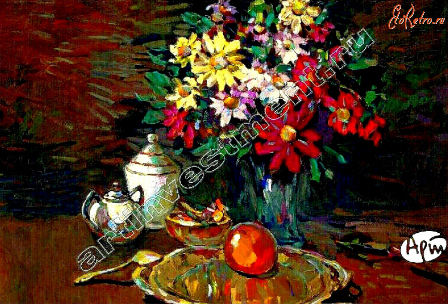 Картины - Сергей Бакаев. Чайный стол и георгины в вазе
