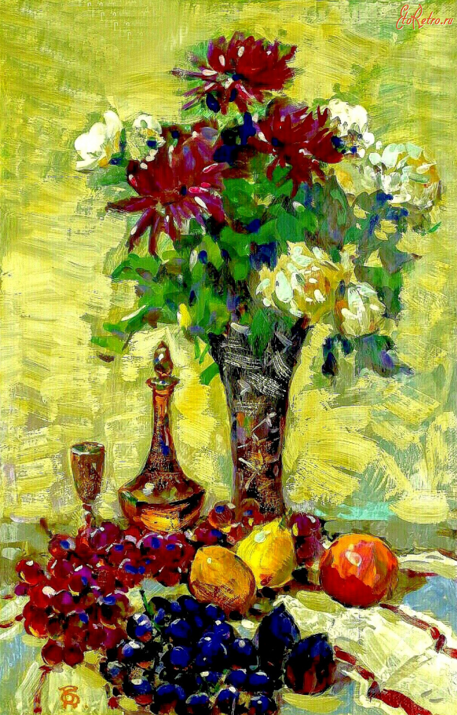 Картины - Сергей Бакаев. Красные георгины, розы и фрукты