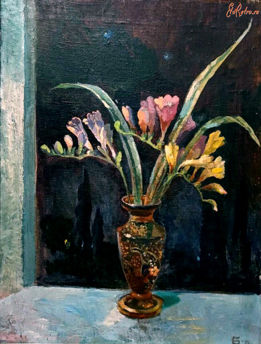 Картины - Сергей Бакаев. Фрезии у окна в пейзаже