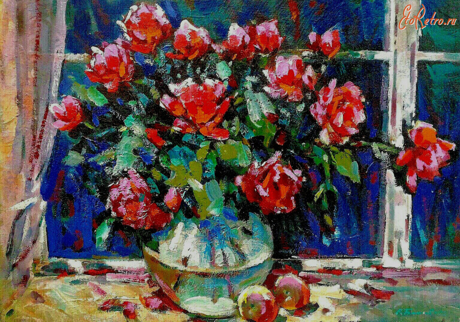Картины - Сергей Бакаев. Розы в вазе у окна